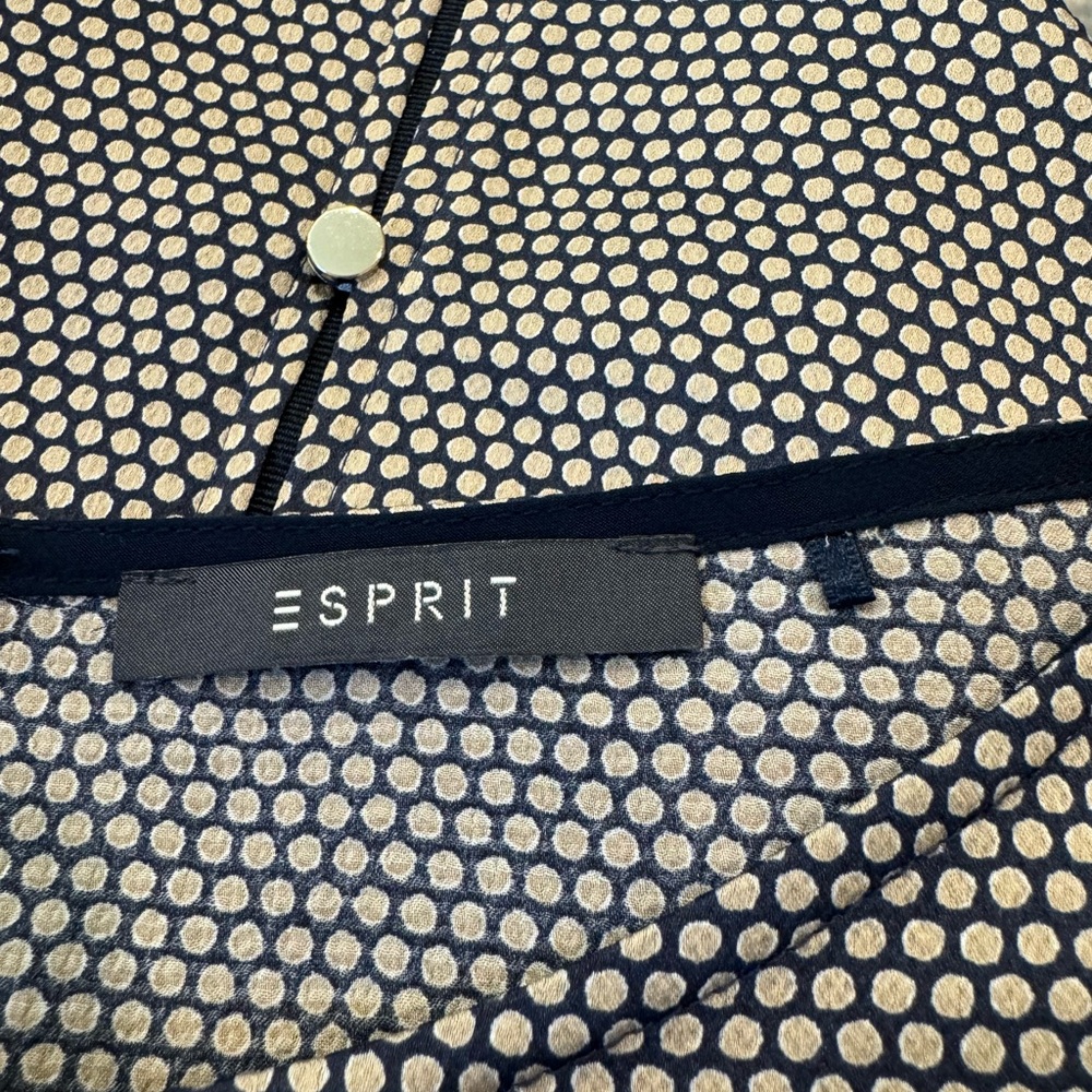 ESPRIT Dots Blouse Button Back Top Long Sleeve Navy Blue With Gold Pattern